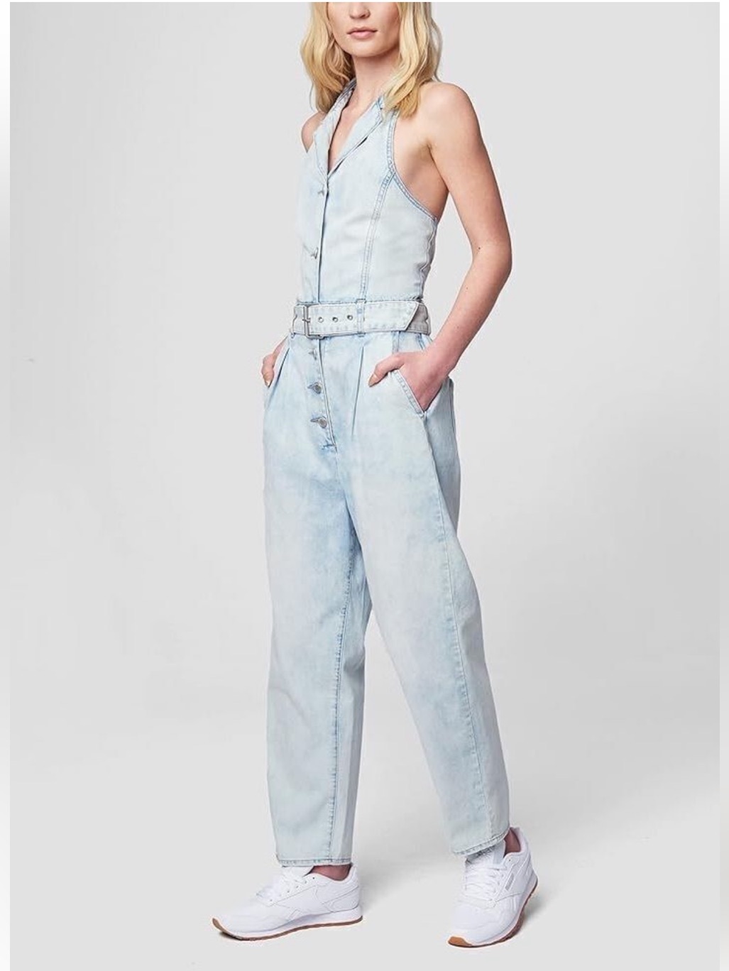 Blank Nyc Light Wash Luxury Denim Halter Jumpsuit With Belt